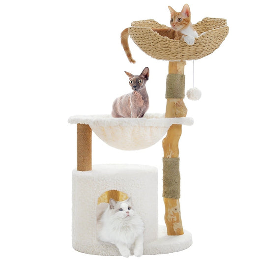 Modern Cat Tree, Natural Wood Cat Tower with Large Wicker Basket
